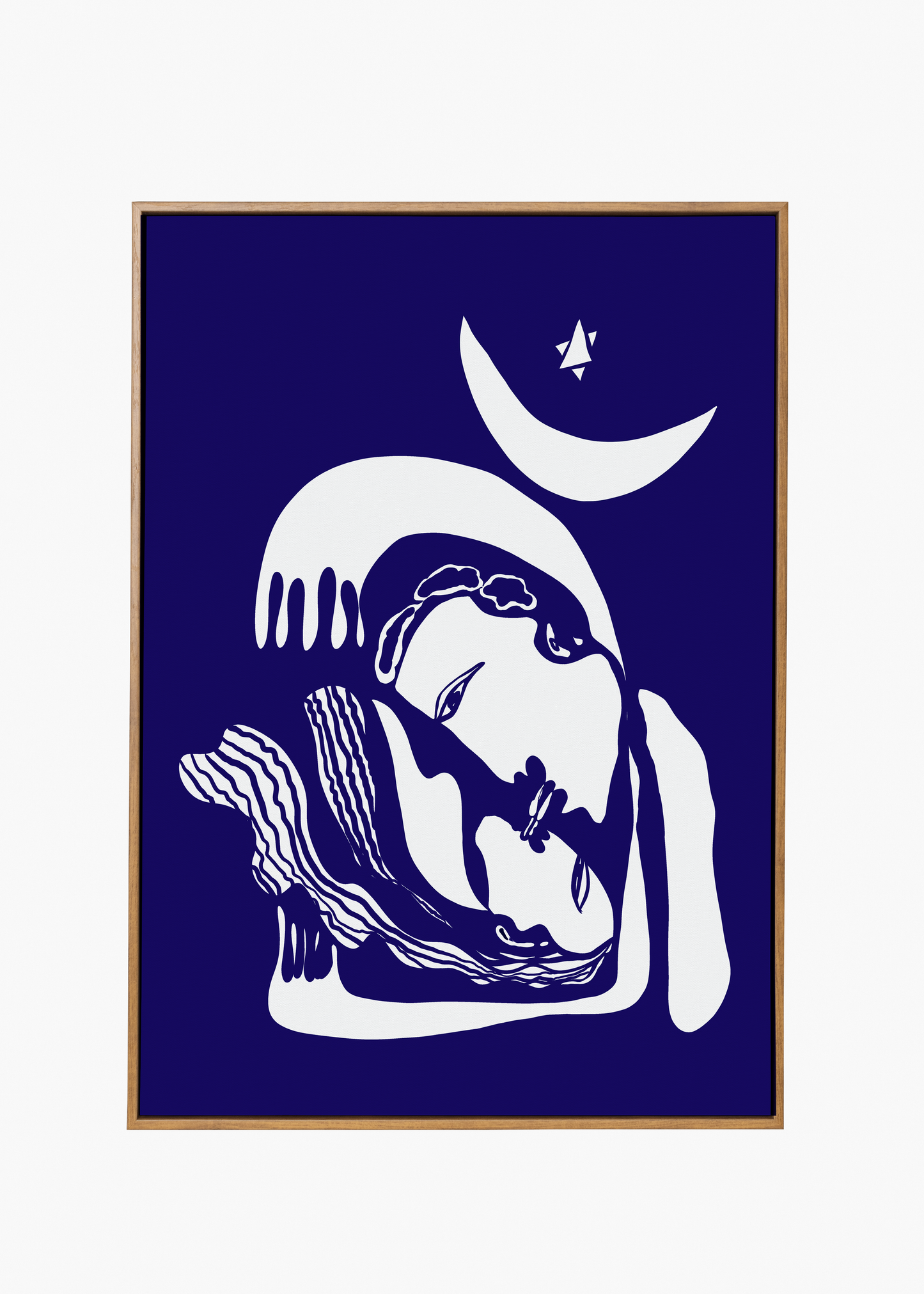 This image features a striking pigment print on paper titled "Lovers of the Night." The artwork presents a minimalist design with bold contrasts, depicting a white silhouette of two lovers embracing under the moon, which is set against a deep blue background.