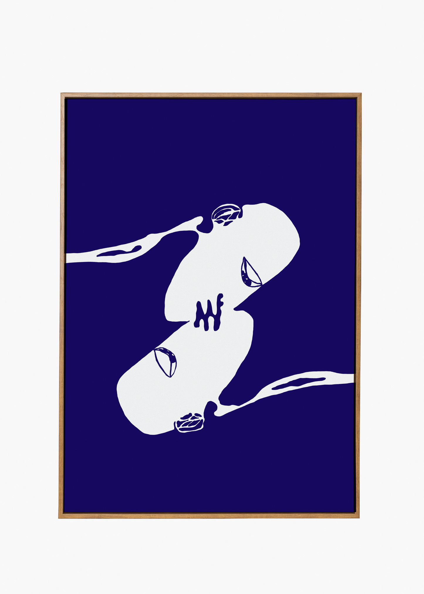 Minimalist painting by Katya Somisen featuring white abstract figures kissing on a blue background