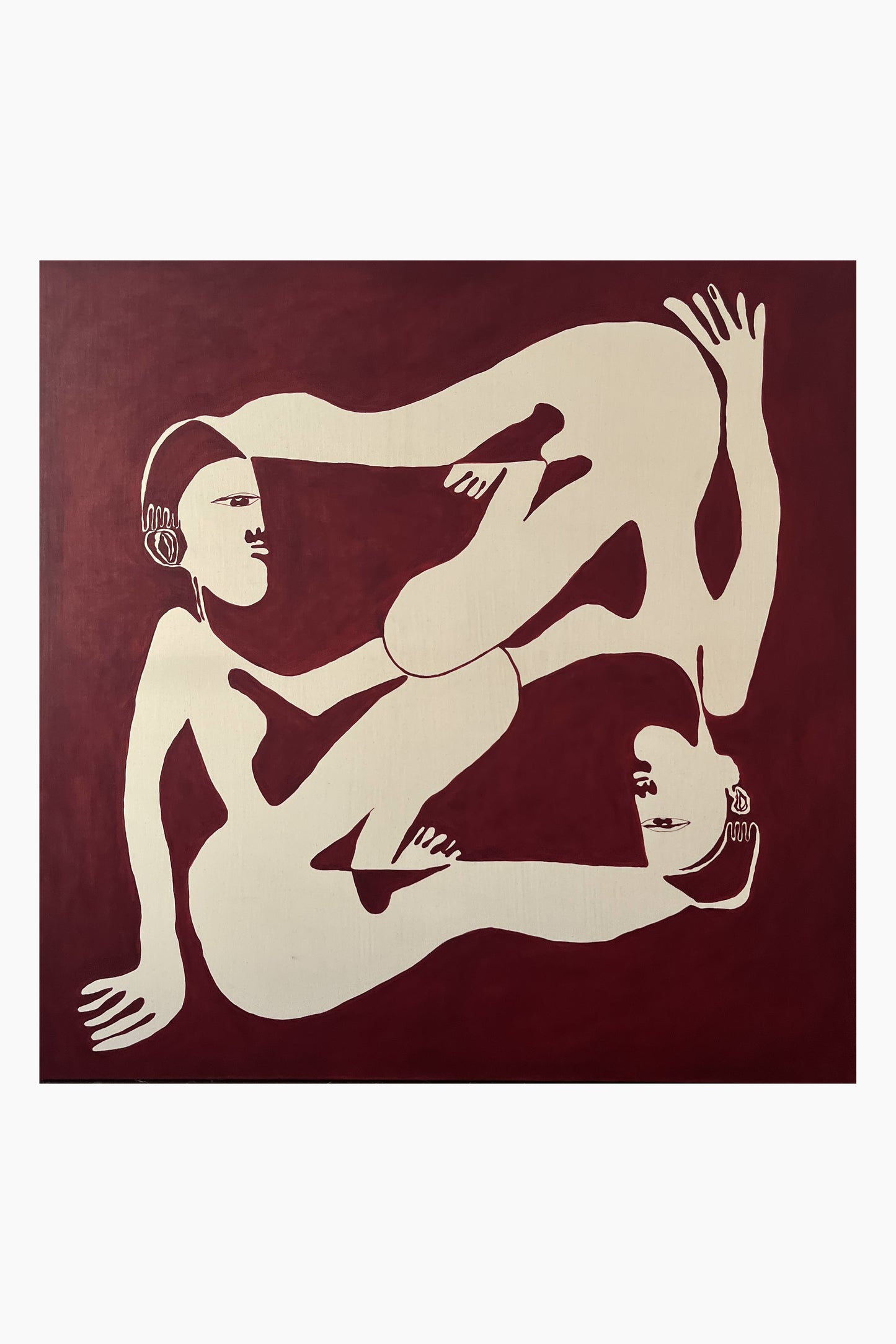 Artistic depiction of two nude figures on a maroon background