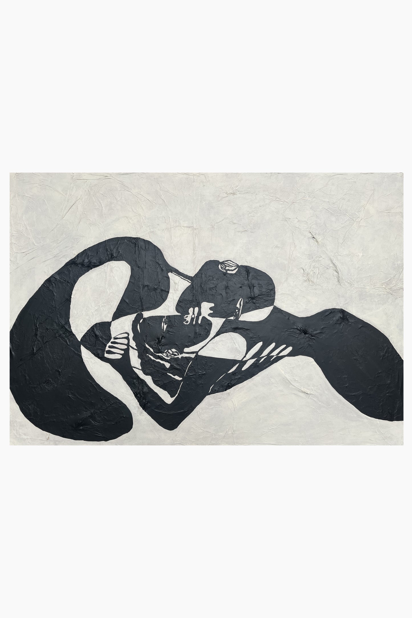 Black silhouette of a person embracing another on a textured beige background