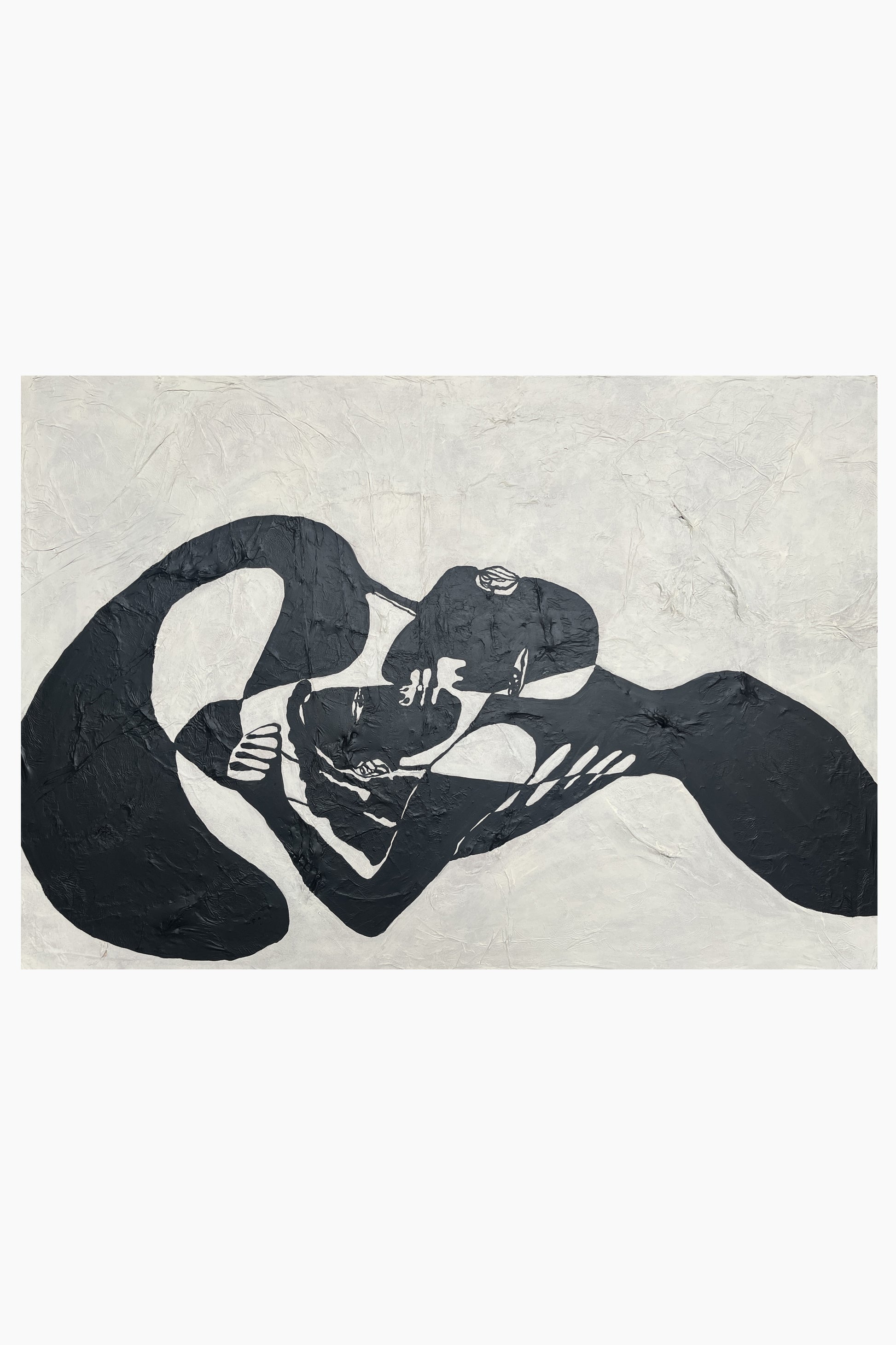 Black silhouette of a person embracing another on a textured beige background