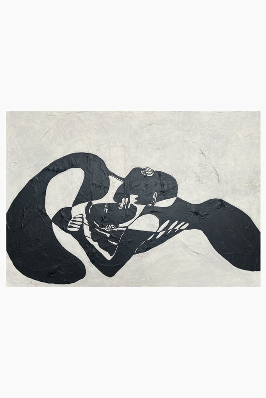 Black silhouette of a person embracing another on a textured beige background