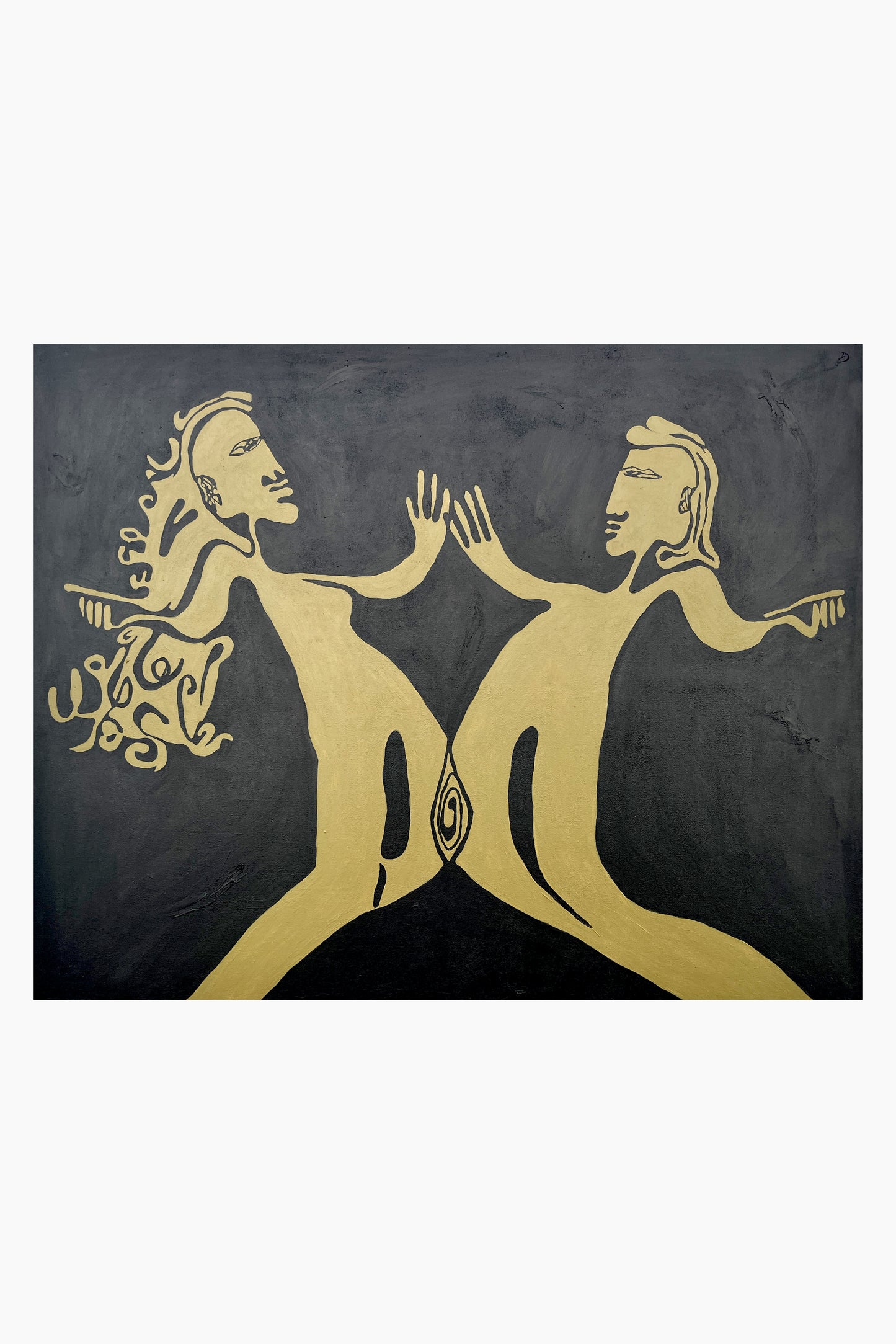 Abstract painting of gold silhouettes of two figures on a black background