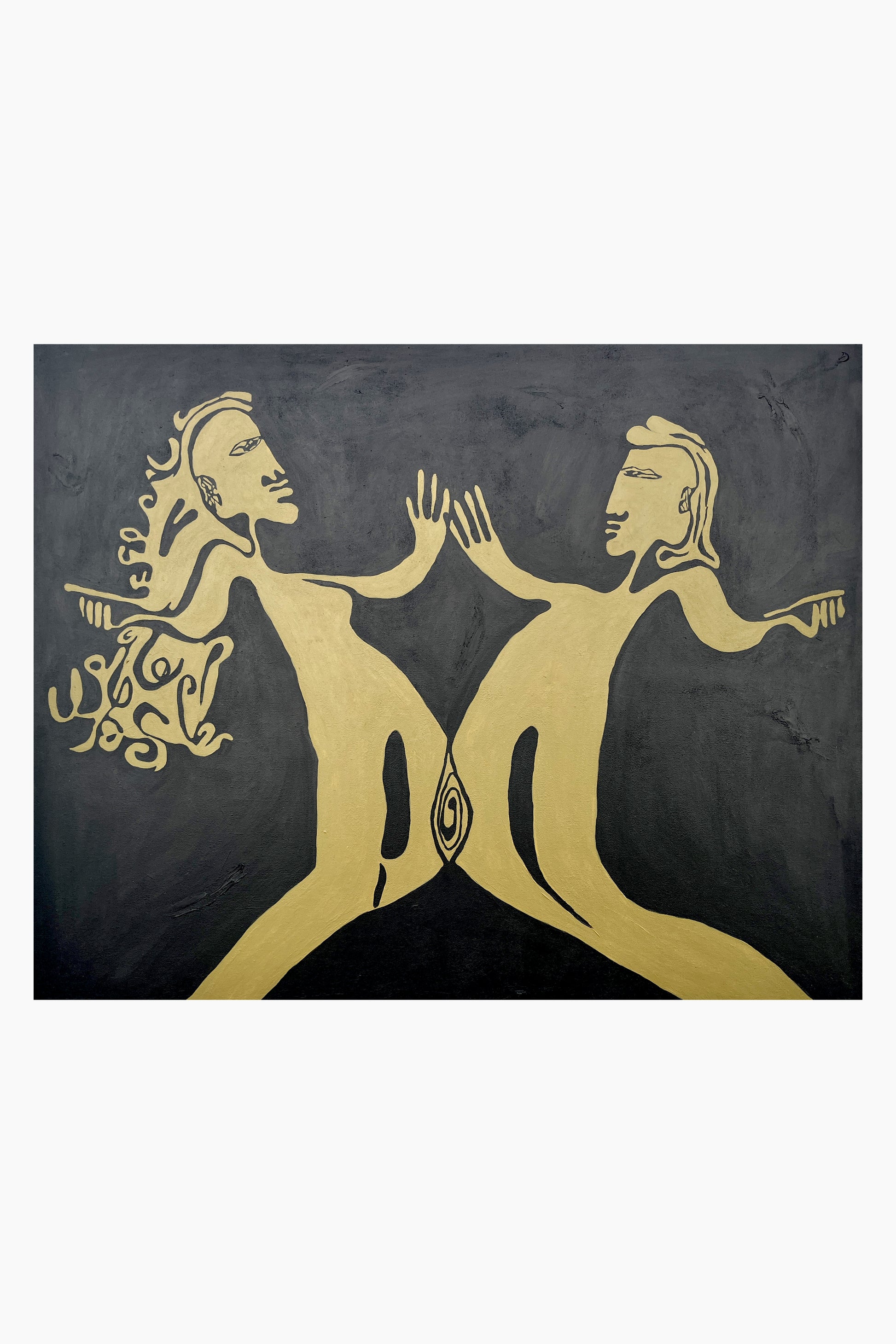 Abstract painting of gold silhouettes of two figures on a black background