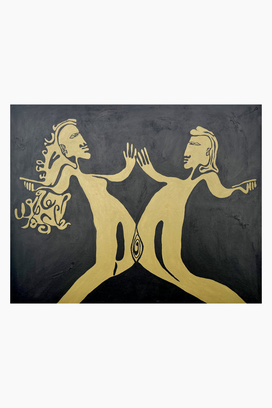 Abstract painting of gold silhouettes of two figures on a black background