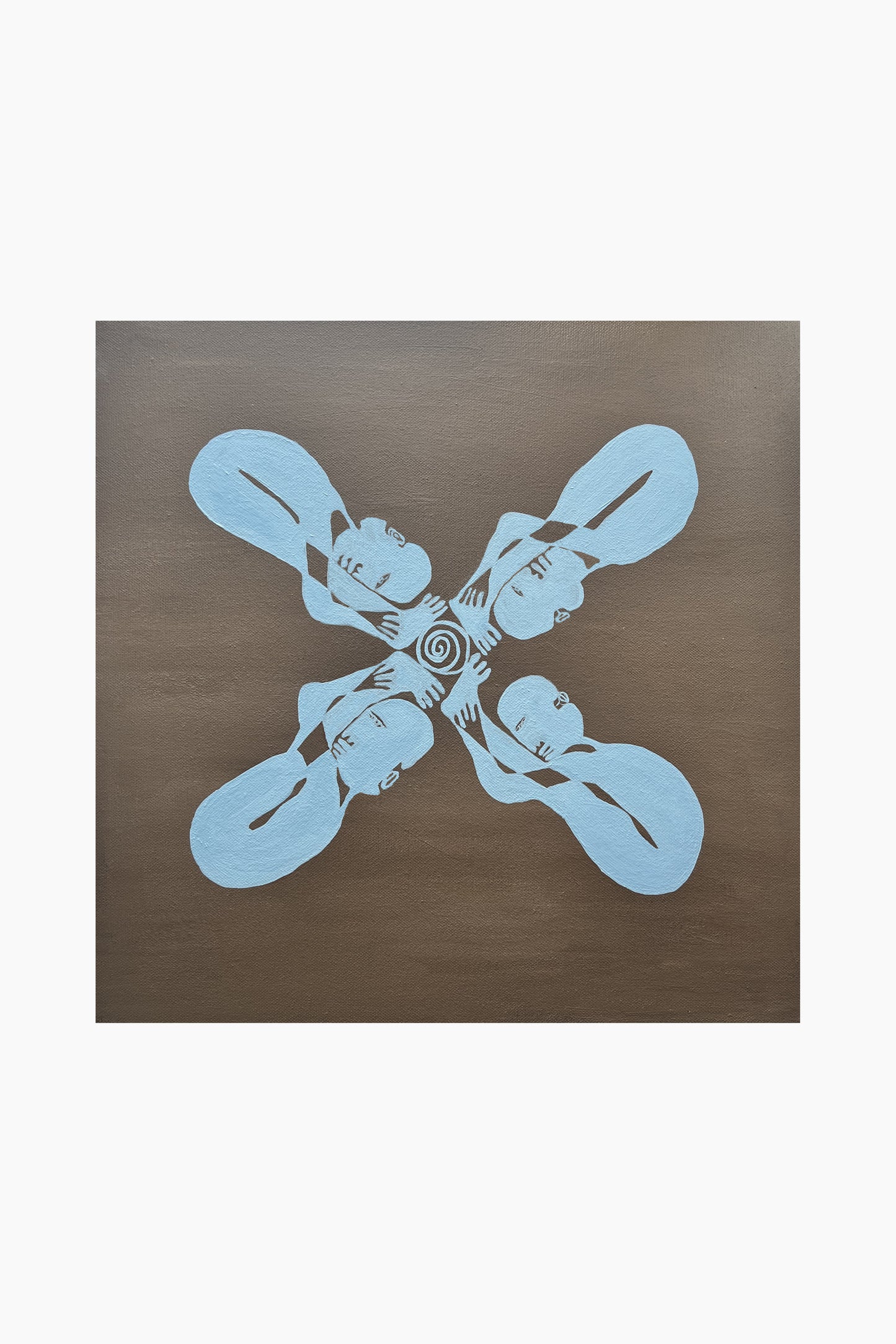Abstract artwork with four blue figures in yoga poses on a brown background