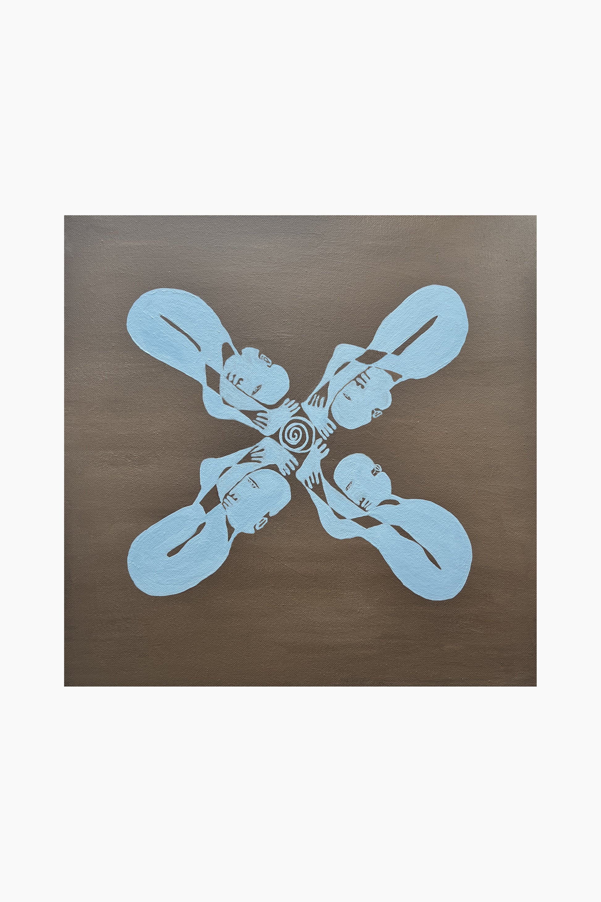 Abstract artwork with four blue figures in yoga poses on a brown background