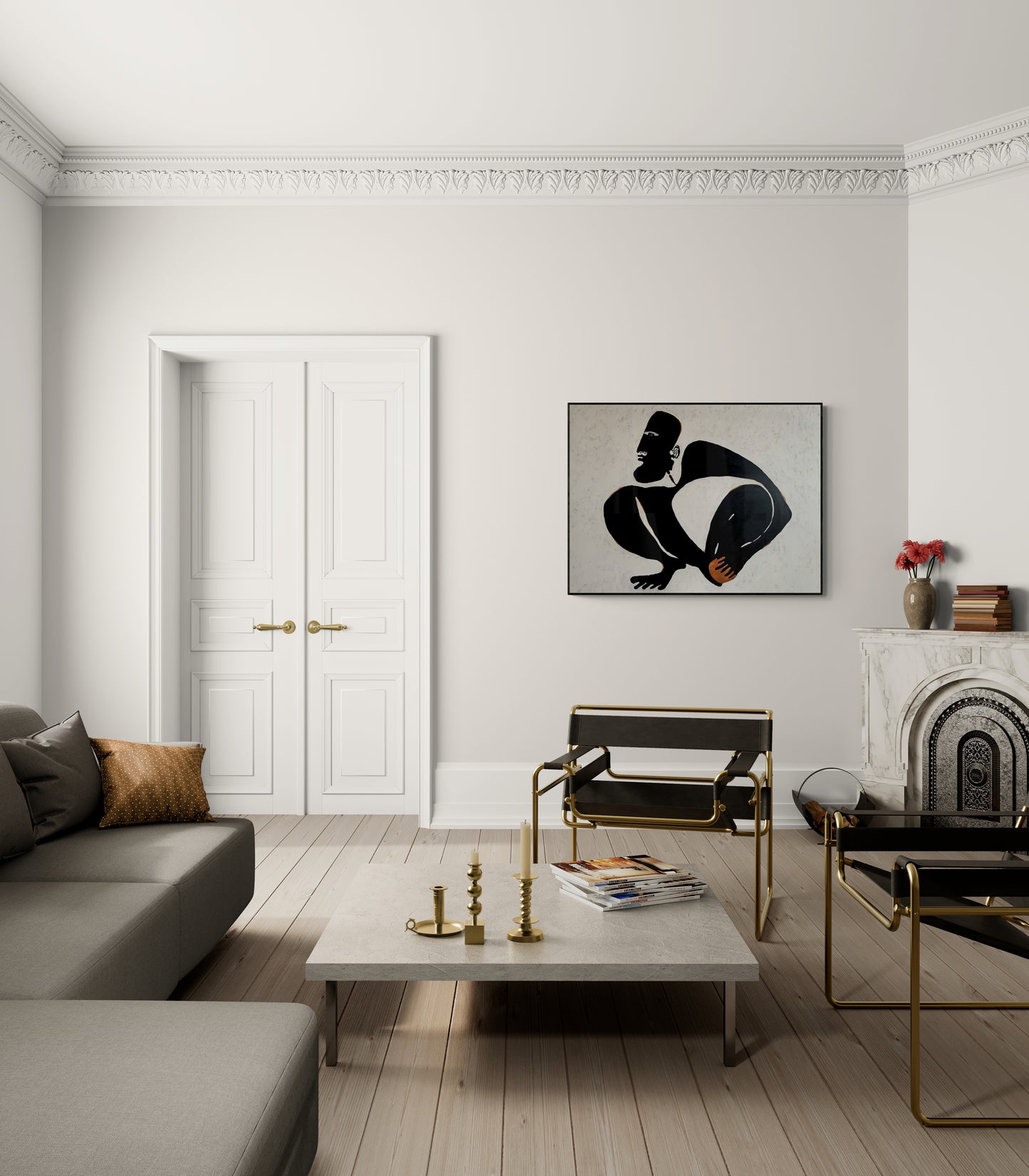 Mockup featuring a painting with an abstract figure on a textured background.