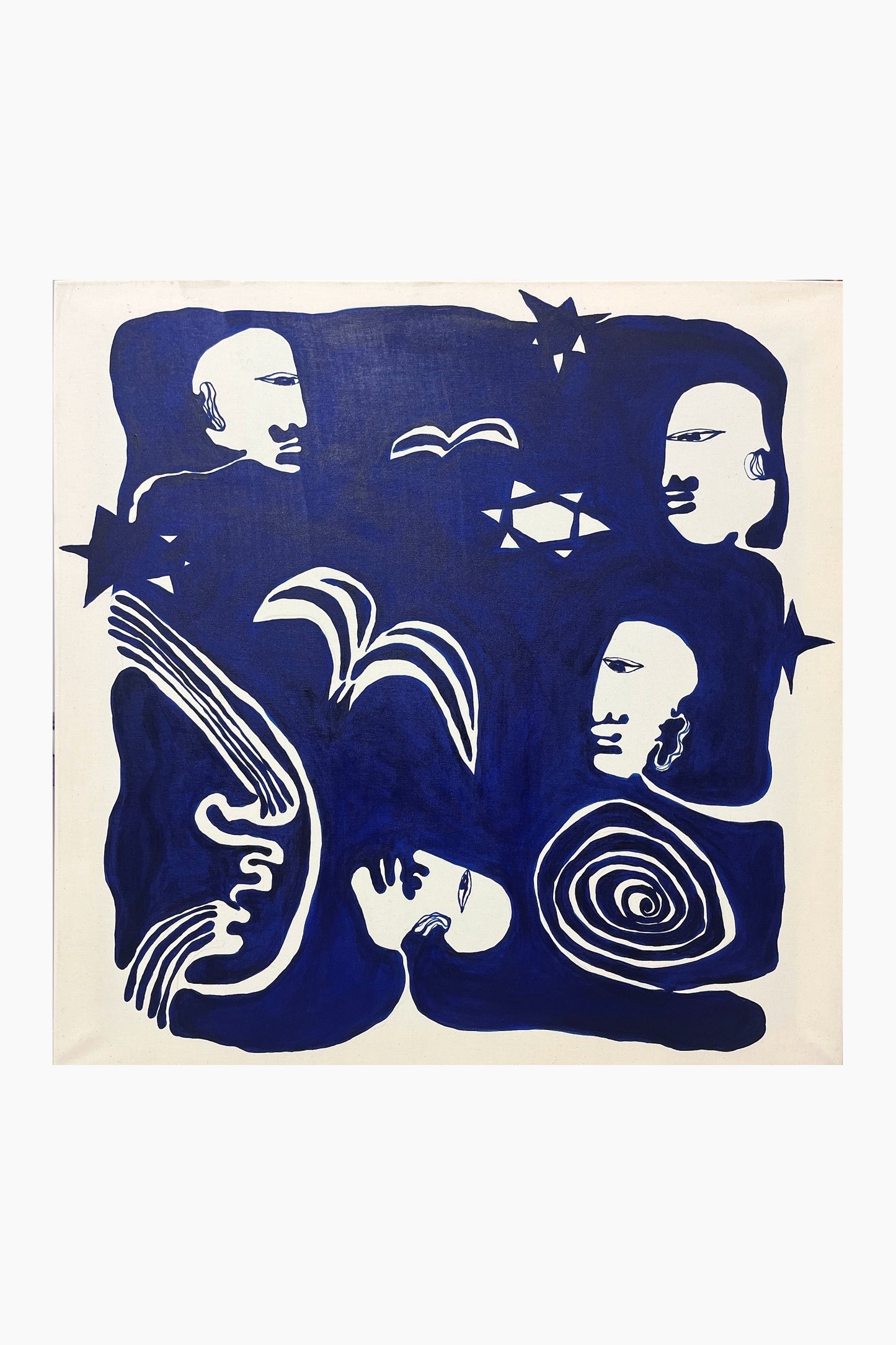 Abstract artwork with blue and white figures on a beige background