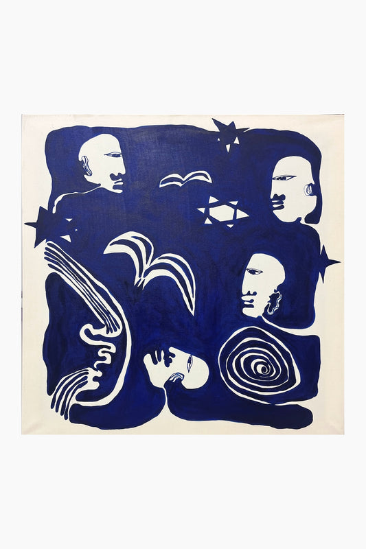 Abstract artwork with blue and white figures on a beige background