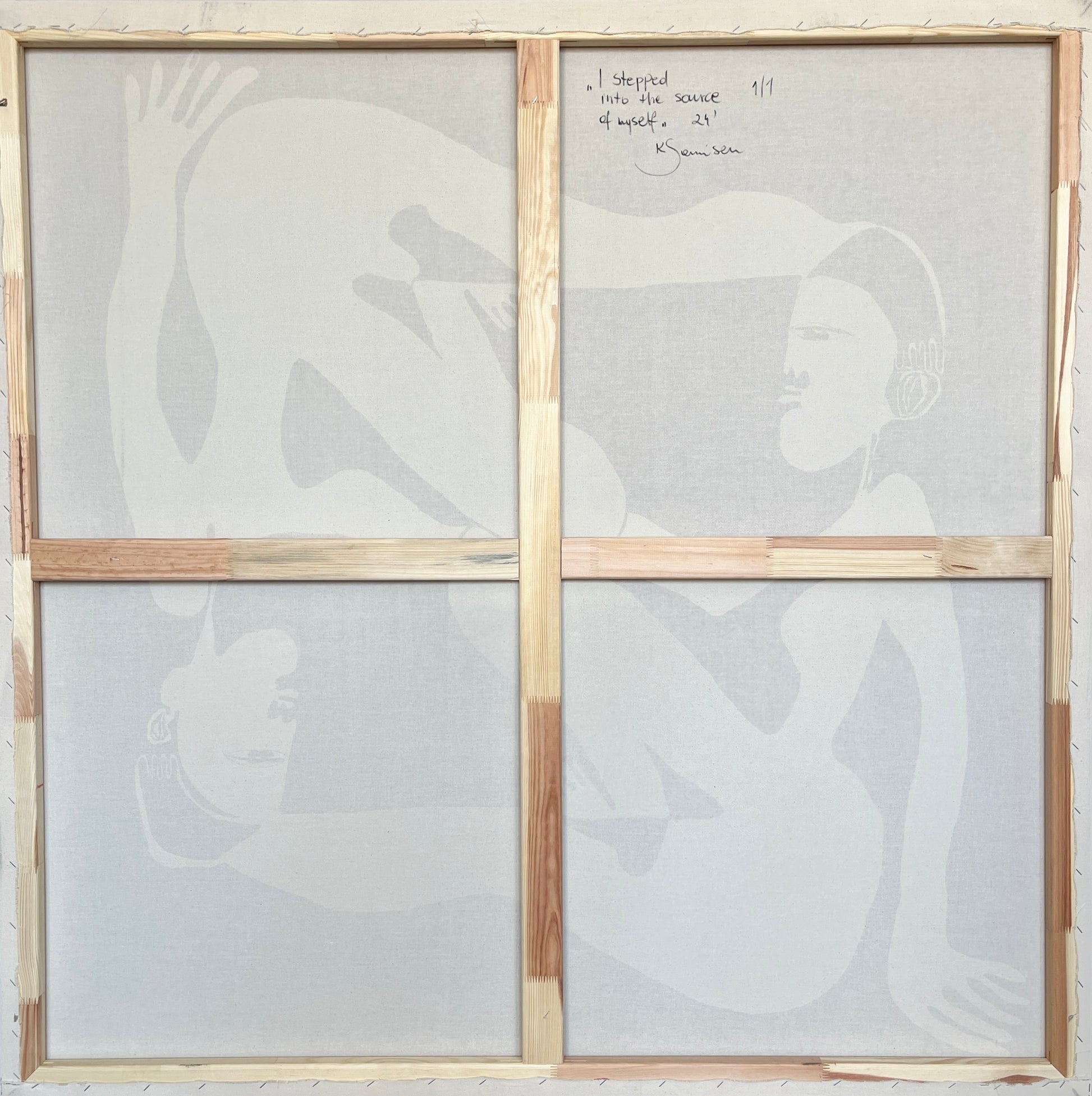 Rear view of a canvas with an abstract design.