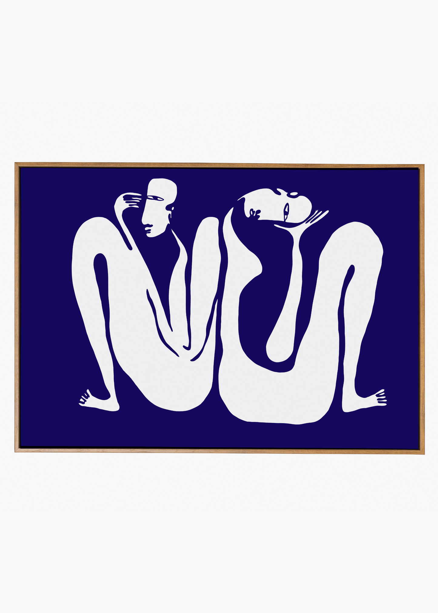 Abstract artwork of two white figures on a blue background