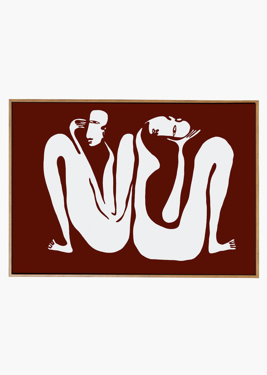 Artistic depiction of two nude figures on a brown background