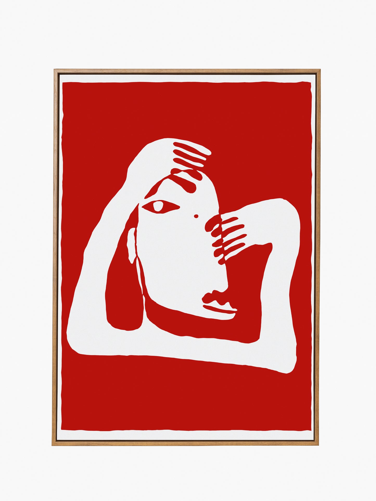 Framed artwork of a stylized white figure on a red background