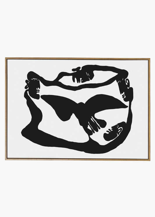 Framed black and white abstract artwork on a white background