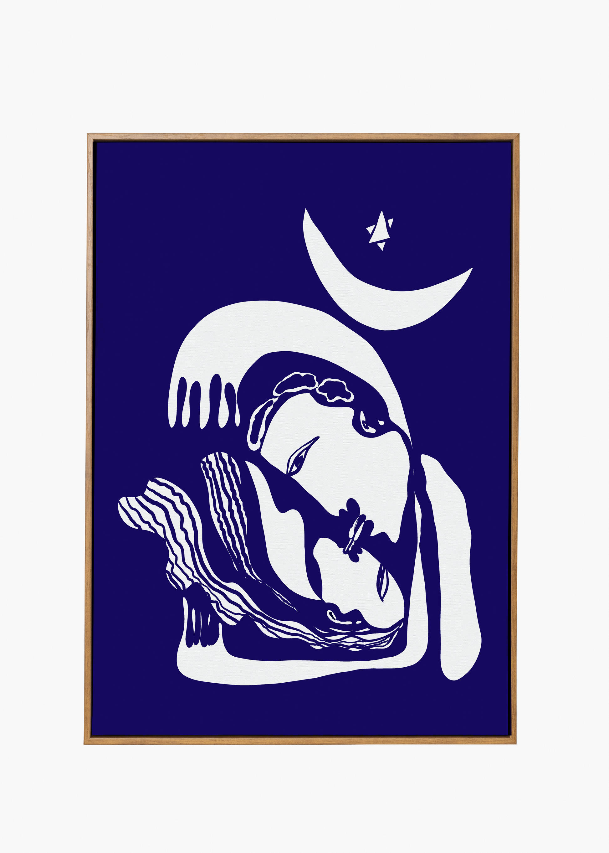 This image features a striking pigment print on paper titled "Lovers of the Night." The artwork presents a minimalist design with bold contrasts, depicting a white silhouette of two lovers embracing under the moon, which is set against a deep blue background.