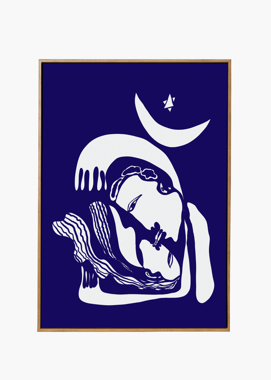 This image features a striking pigment print on paper titled "Lovers of the Night." The artwork presents a minimalist design with bold contrasts, depicting a white silhouette of two lovers embracing under the moon, which is set against a deep blue background.