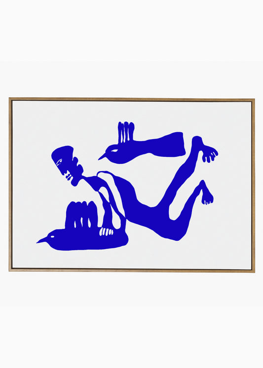 Framed artwork with blue abstract design on a white background