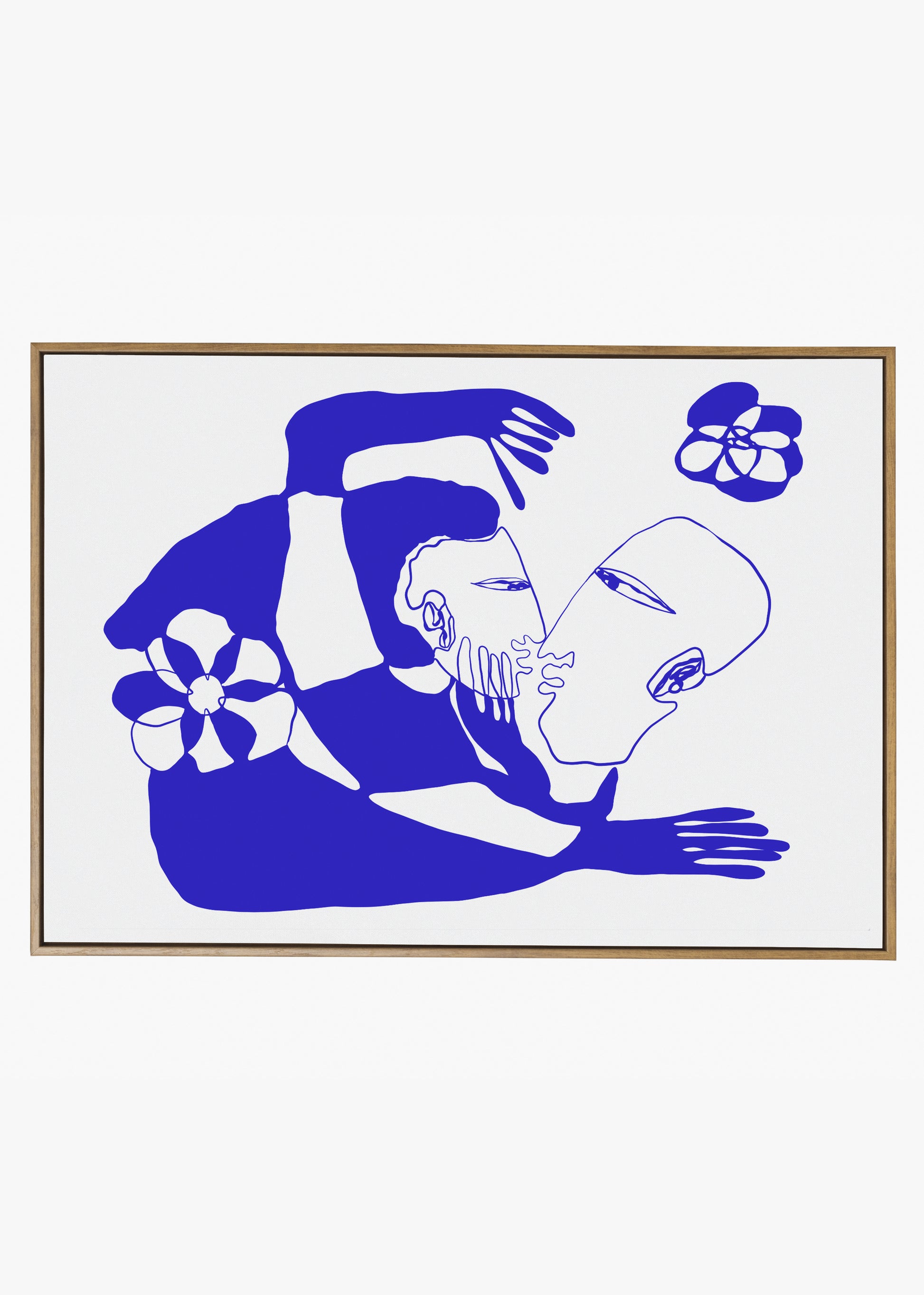 Framed artwork with a blue and white abstract design on a white background