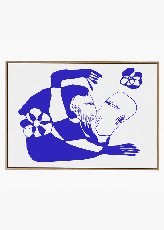 Framed artwork with a blue and white abstract design on a white background