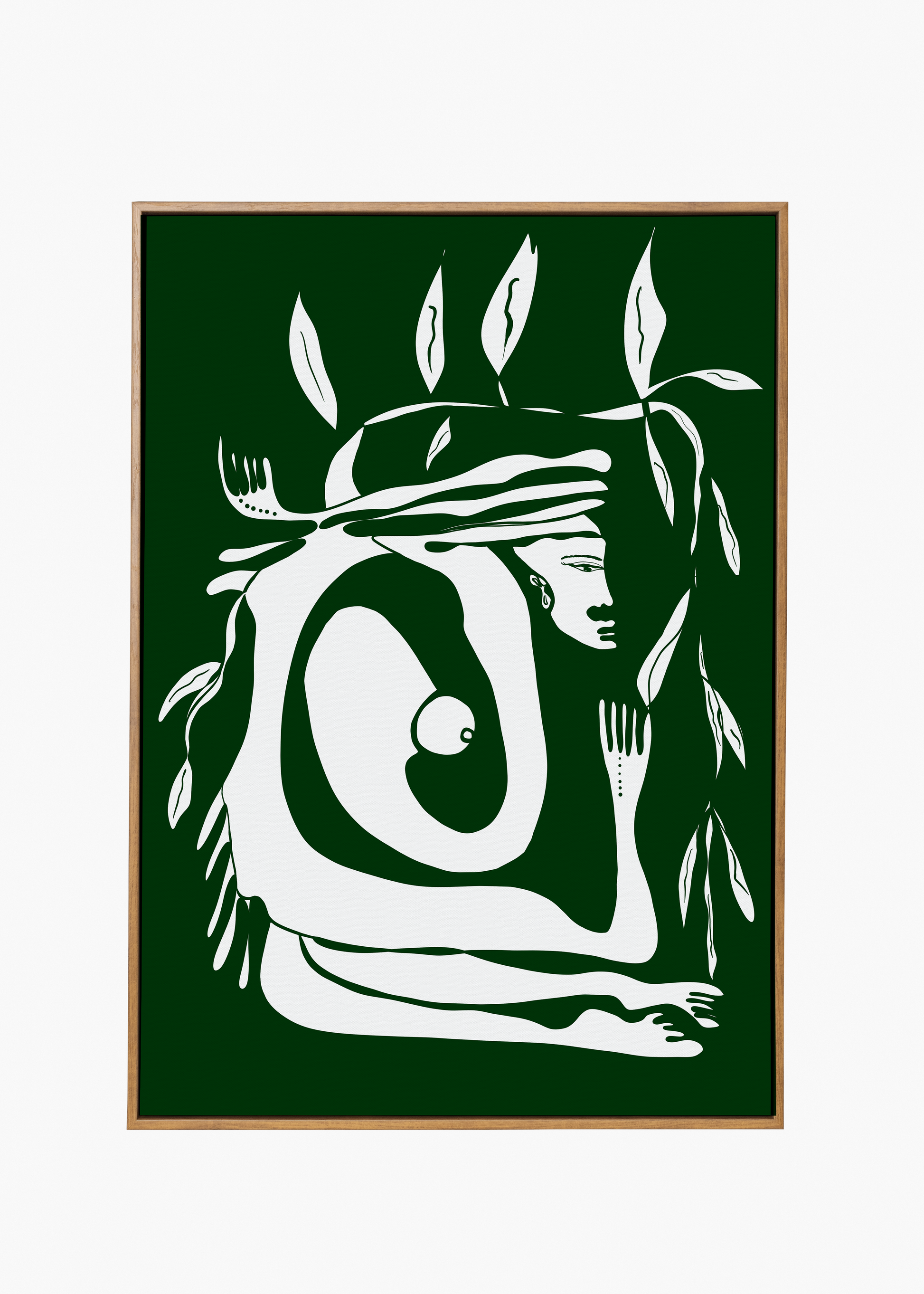 This image features an artistic depiction of a figure intertwined with nature. The print is predominantly in shades of green and white, presenting a stylized representation of a figure with leaves and branches, symbolizing unity with nature.