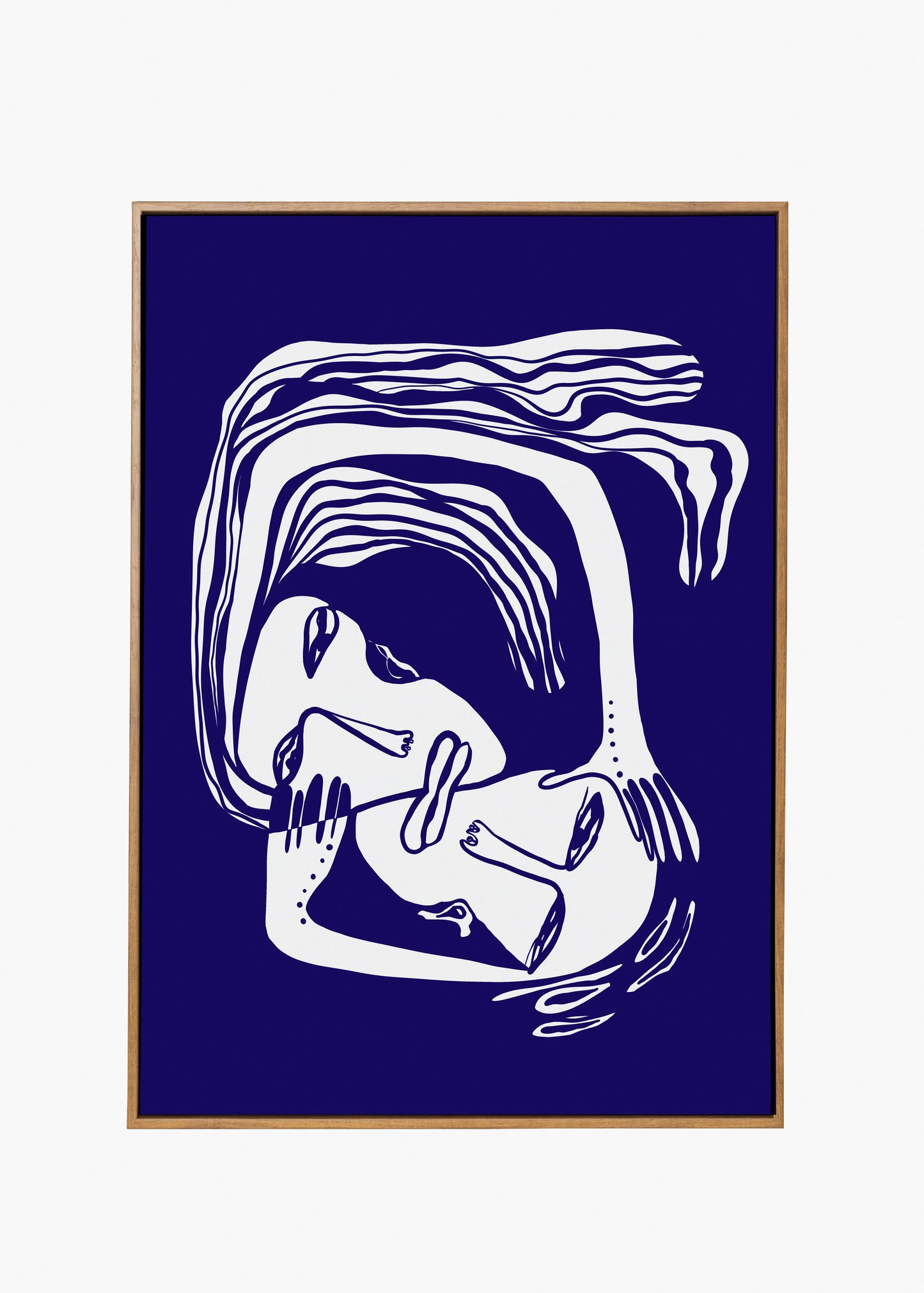 This image features a striking pigment print on paper, portraying an abstract depiction of two faces in an intimate embrace. The artwork, rendered in a limited color palette predominantly in shades of blue and white, emphasizes emotion and connection.