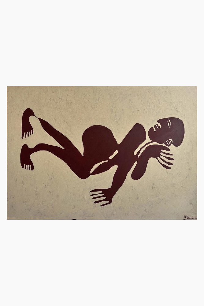 Abstract painting of a person in a dynamic pose on a beige background