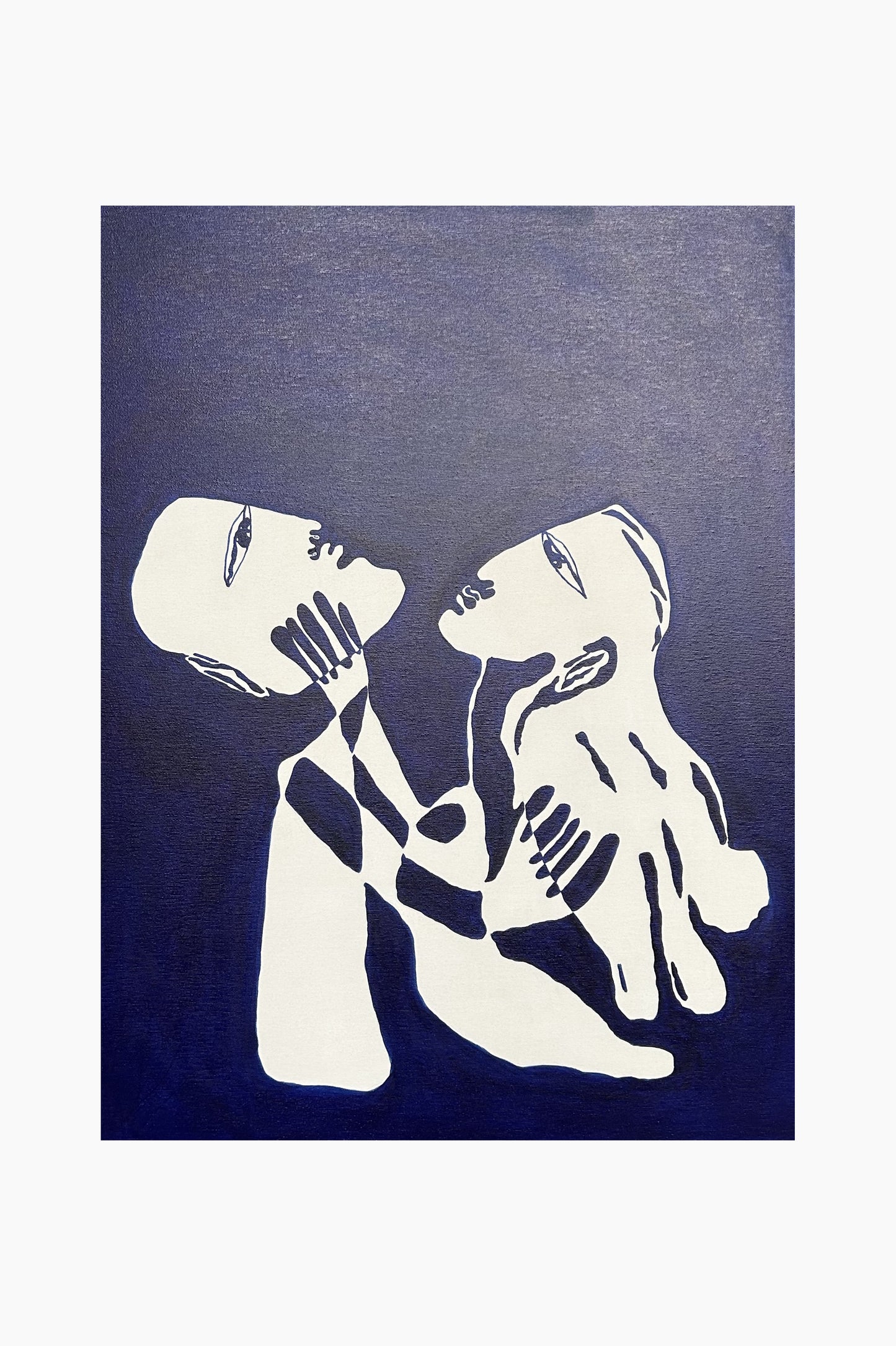 White silhouette of a couple kissing on a blue background