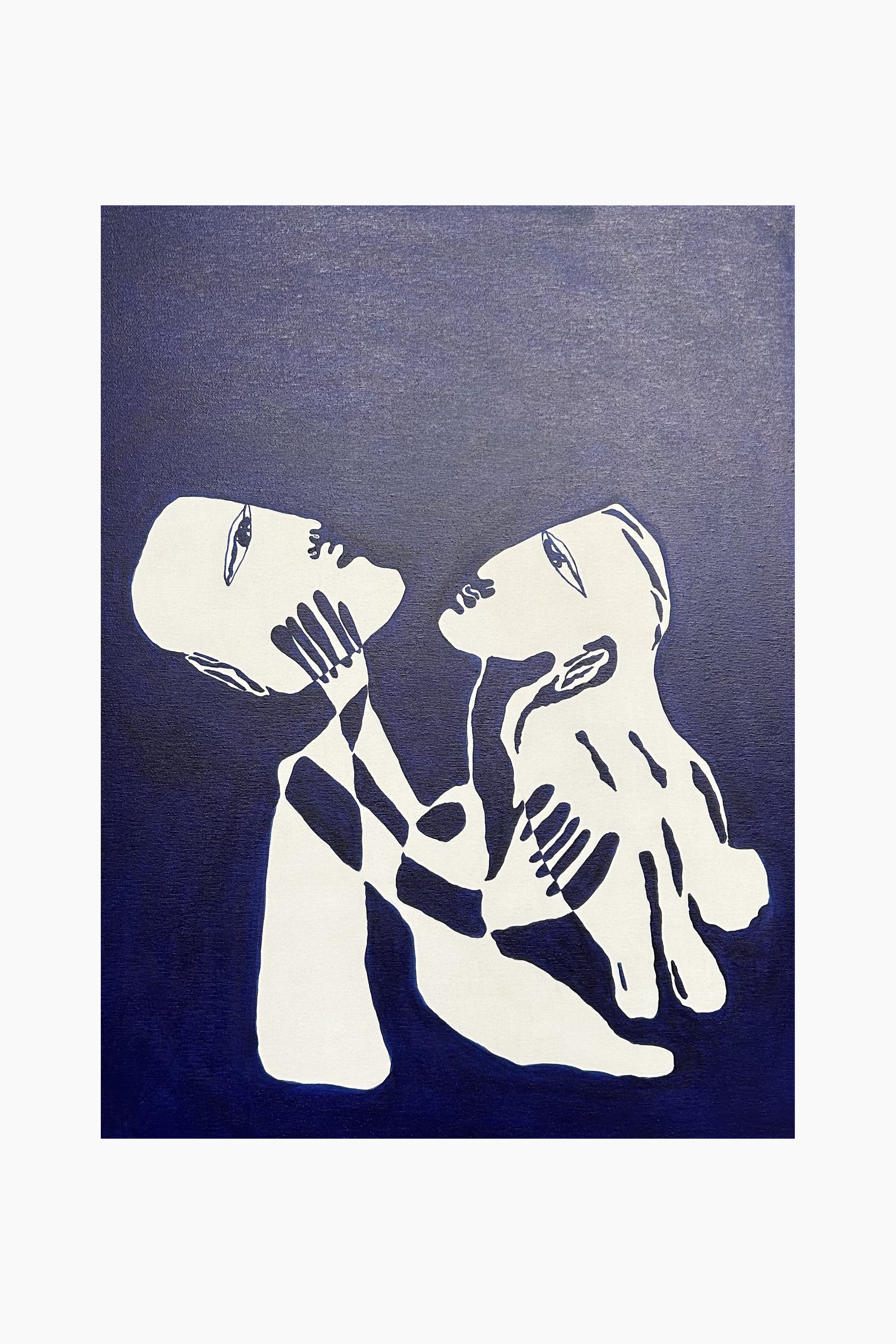 White silhouette of a couple kissing on a blue background