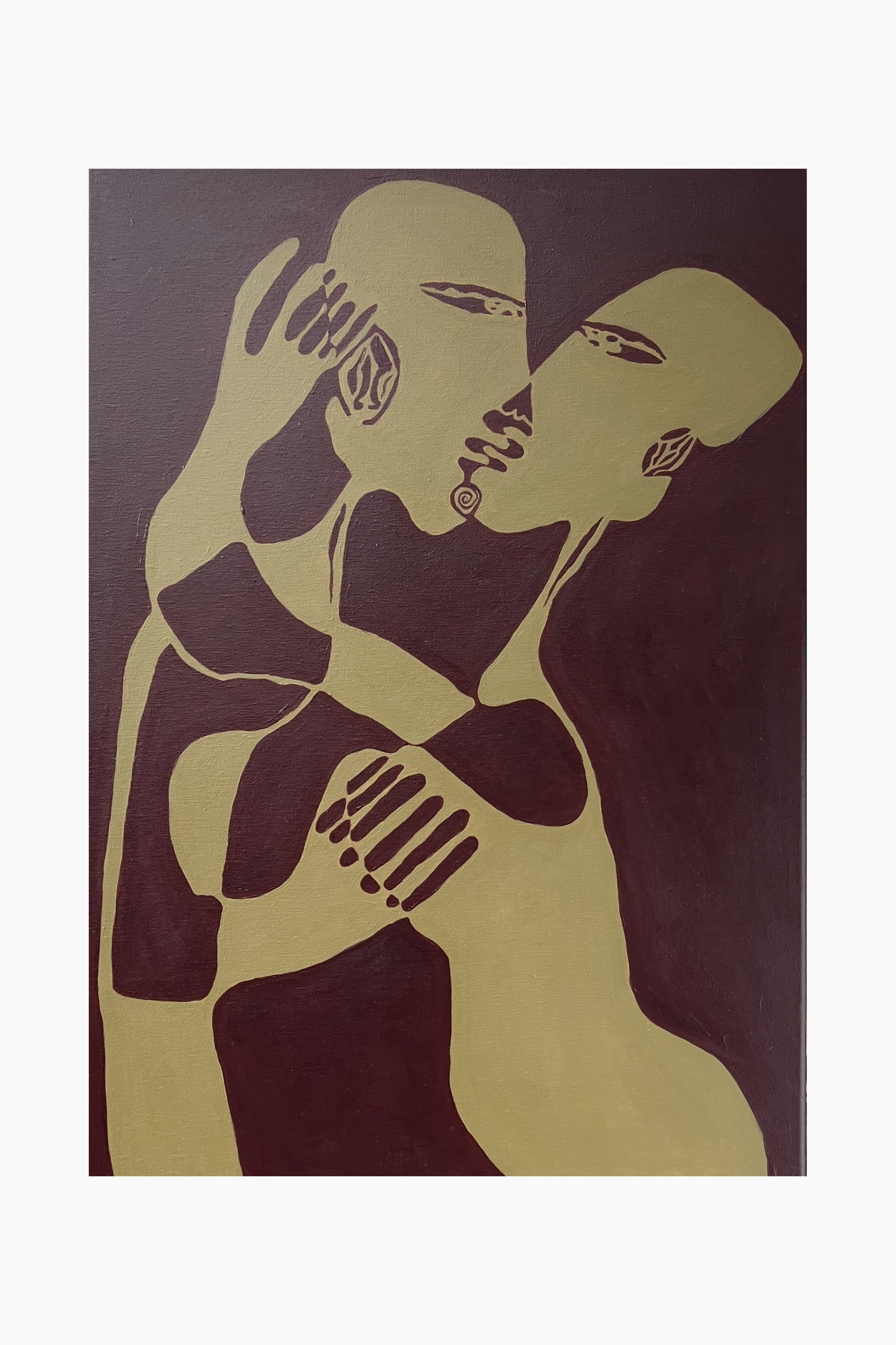 Abstract artwork of two figures embracing on a dark background