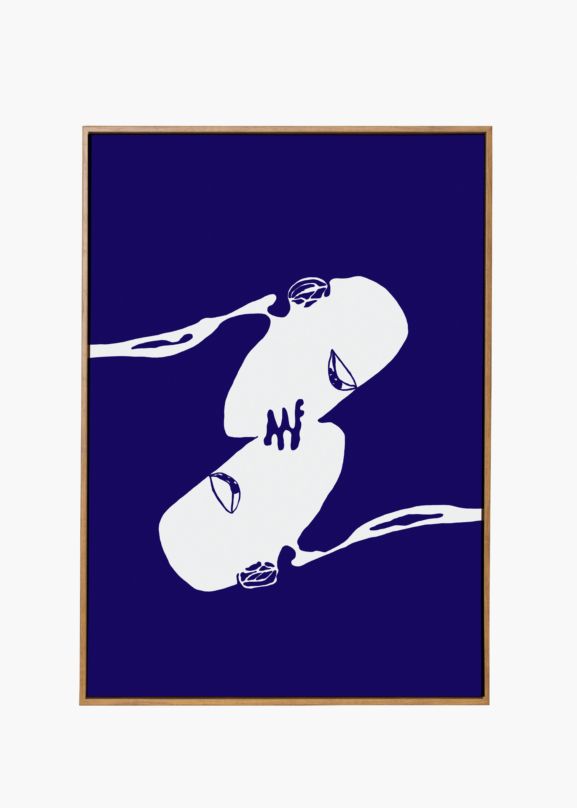 Minimalist painting by Katya Somisen featuring white abstract figures kissing on a blue background