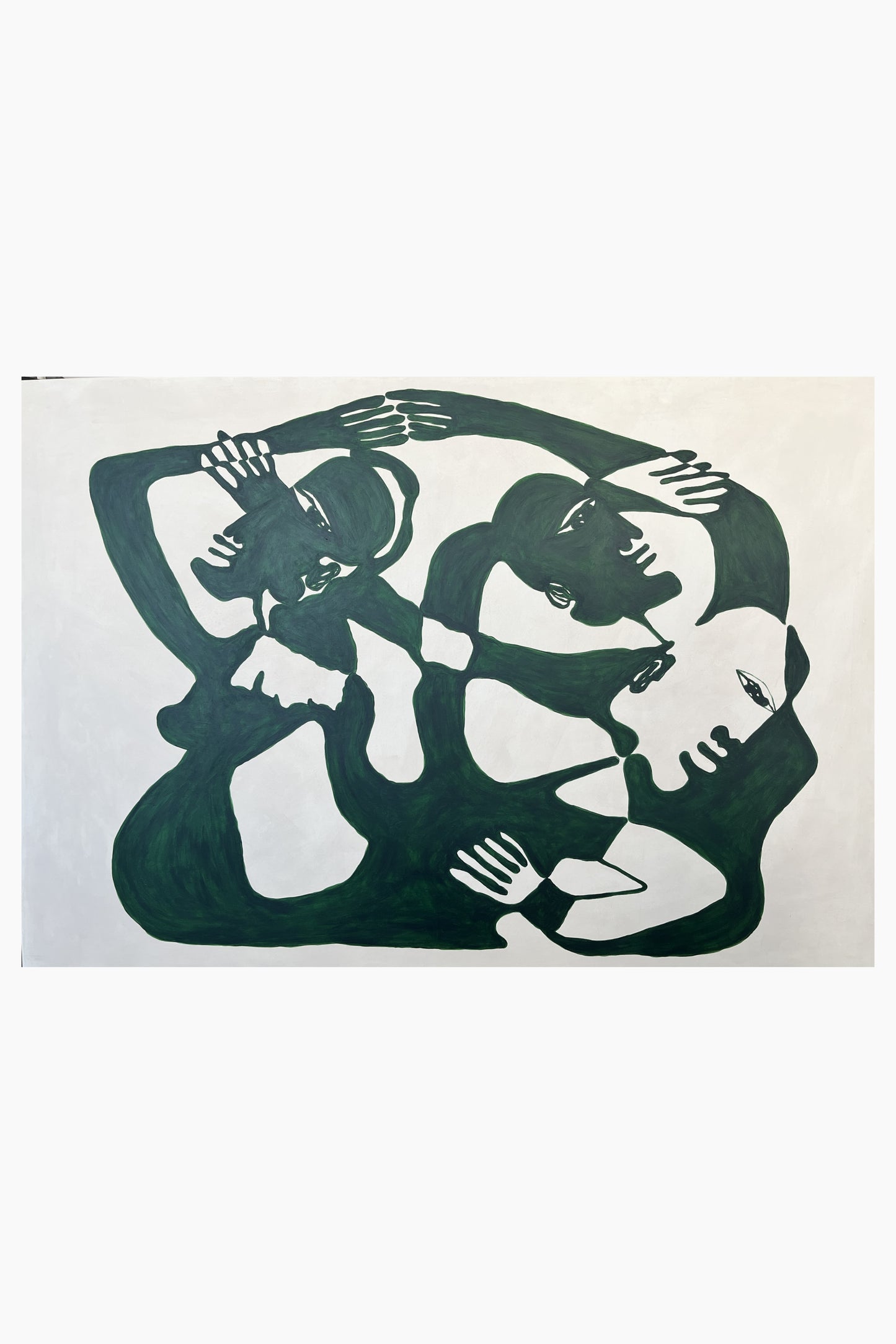 Abstract artwork of three green figures on a white background