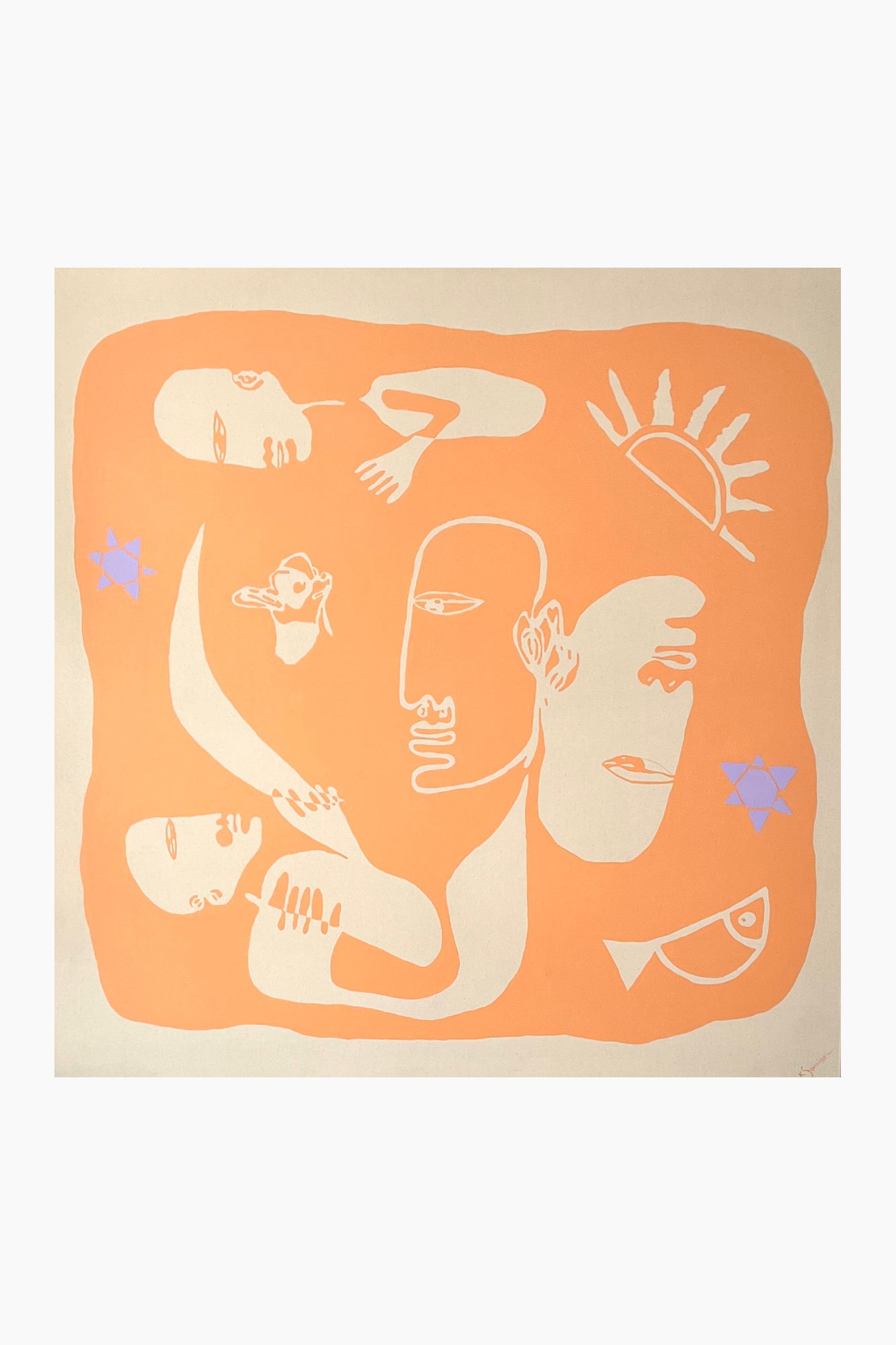 Abstract artwork with faces and geometric shapes on an orange background